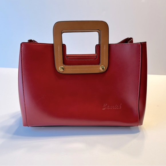 Sanrich Structured Red Faux Leather Square Tote Handbag - Picture 1 of 15